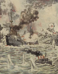Britische und französische Kriegsschiffe bombardieren türkische Stellungen in den Dardanellen, 1915